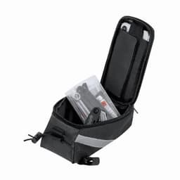 A compact black bike saddle bag with a reflective strip, containing tools and accessories inside.