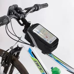 A bike frame pouch in black with a transparent top for displaying a smartphone, mounted on a white bicycle.
