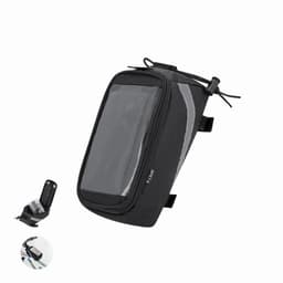 A black bike bag with a transparent cover, featuring a zip closure and reflective accents. It has a logo on it.