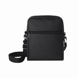 A black crossbody bag with a zippered front pocket and an adjustable strap. It features a minimalist design.