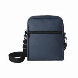 A navy blue crossbody bag with a zipper pocket and an adjustable strap. It features a simple, modern design.