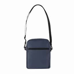 A navy blue crossbody bag with a black zippered front pocket and an adjustable strap. It features a logo.