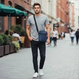 A man in a grey t-shirt and black jeans walks down a city street with a blue bag over his shoulder.
