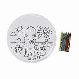A round, black-and-white colouring frisbee featuring a bear on the beach, with a set of colourful crayons beside it.