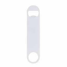 A drink bottle in white, featuring a simple design with a bottle opener incorporated into the top.