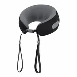 A travel neck pillow in grey and black with adjustable straps and a built-in support design.