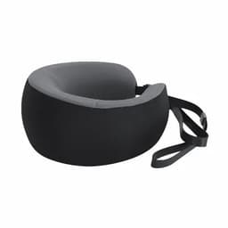 A neck support pillow in black and grey, featuring a soft surface and a strap for securing it.