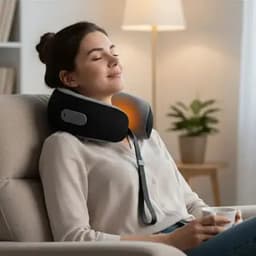 A neck massager in black is being used by a relaxed woman sitting in a chair with a plant in the background.