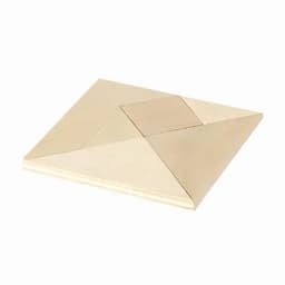 A wooden puzzle comprised of various light beige shapes arranged in a square format, featuring a logo in the corner.