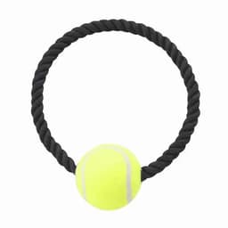 A black rope toy with a bright yellow tennis ball attached, ideal for pet play.