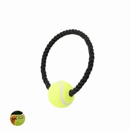 A yellow tennis ball attached to a black rope for pet play. Features a logo on the rope.