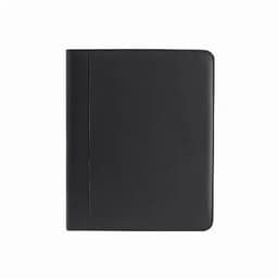A black folder with a smooth finish and a subtle logo on the front for promotional use.