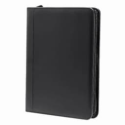A black zippered portfolio with a sleek design and a smooth exterior. It features a subtle branding logo.