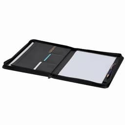 A black zippered portfolio with multiple pockets and a notepad, featuring a pen and pencil.