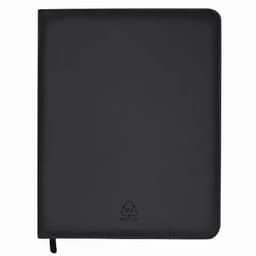 A black binder with a smooth finish, featuring a logo on the front and a zip closure.