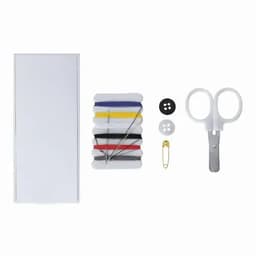 A sewing kit containing threads, needles, scissors, a safety pin, buttons, and a case, all in various colours.