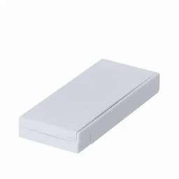 A white rectangular box with a smooth surface and a slight indentation for opening. It features a simple, minimalist design.