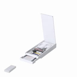 A white promotional product kit featuring various tools and accessories neatly organised in a compact case.