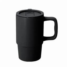 A drink bottle in matte black with a handle and a secure lid. It features a logo on the surface.