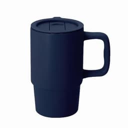 A drink bottle in navy blue with a handle and a lid, featuring a sleek design and a smooth finish.