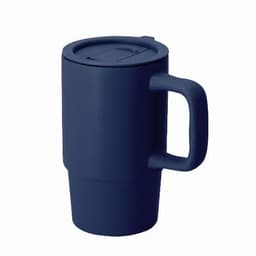 A drink bottle in navy blue with a handle and a lid, featuring a simple design and a logo.