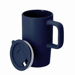 A drink bottle in a dark navy colour with a handle and a removable lid.