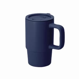 A drink bottle in navy blue with a handle and a secure lid. It has a smooth, matte finish and a branding logo.