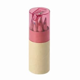 A container of coloured pencils in various shades, with a pink top and light brown base, featuring a built-in sharpener.