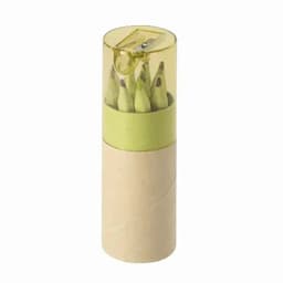 A container of coloured pencils in shades of green, featuring a built-in sharpener on top and a sleek design.
