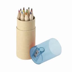 A cylindrical container filled with coloured pencils in various shades, alongside a blue sharpener.
