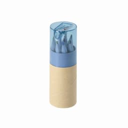 A cylindrical container holding coloured pencils, featuring a blue cap and a brown body.