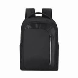 A black backpack with two shoulder straps and a front zippered pocket, featuring a sleek design.