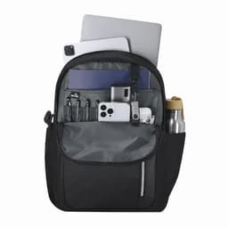 A black backpack with multiple compartments, holding a tablet, notebook, water bottle, and various small items.