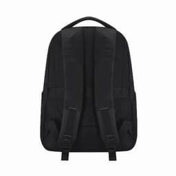 A black backpack with padded straps and a minimalist design. The back features adjustable straps for comfort.