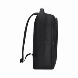 A black backpack with a sleek design, featuring adjustable shoulder straps and a zipped compartment.