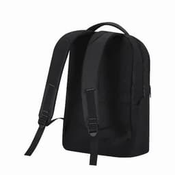 A black backpack with adjustable straps and a sleek design, featuring a side pocket and a branding logo.