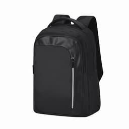 A black backpack featuring multiple compartments and a sleek design. It has adjustable straps and a front pocket.