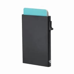 A cardholder in black with a turquoise insert, featuring a slim design and an RFID protection logo.