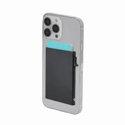 A smartphone with a black cardholder attached to the back, featuring a silver finish and three camera lenses.