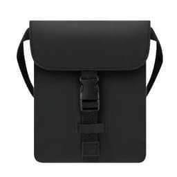 A black backpack with a flap closure and adjustable straps. It features a buckle fastening on the front.