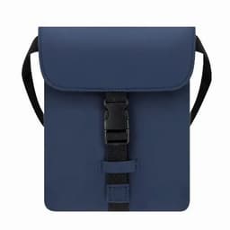 A navy blue bag with a flap closure, featuring a buckle and adjustable straps. It has a simple and modern design.