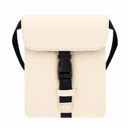 A cream-coloured backpack with a flap closure and black straps, featuring a central buckle and a simplistic design.