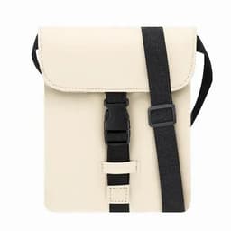 A cream-coloured bag with a flap, featuring a black buckle and an adjustable strap. It has a simple, sleek design.