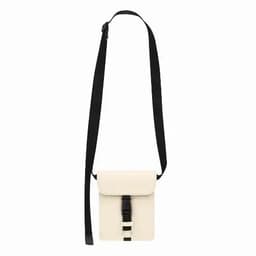 A small cream-coloured crossbody bag with a black strap and a buckle closure, featuring a minimalist design.