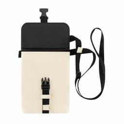 A drink bottle holder in cream with a black top and adjustable black strap, featuring a buckle closure.