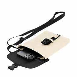 A beige and black crossbody bag with a phone inside, featuring a strap and a clasp closure.