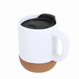 A drink bottle featuring a white body with a cork base and a black lid. It has a handle for easy carrying.