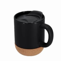 A drink bottle with a black ceramic upper and a cork base, featuring a lid and a handle.