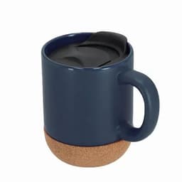 A drink bottle with a navy blue exterior and a cork bottom, featuring a black lid.