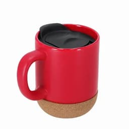 A drink bottle in red with a cork base and a black lid. It features a handle and a smooth finish.